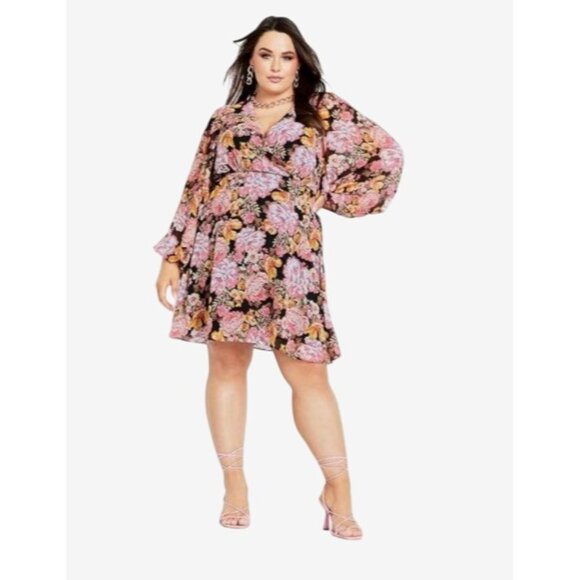 City Chic Womens Plus Size 16 Juliet Bright Floral Print Long Sleeve Midi Dress - Picture 5 of 8